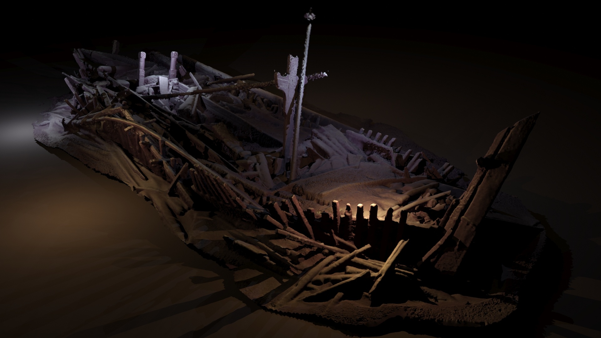 Një anije e mbytur nga periudha osmane e zbuluar në 300 metra ujë. Shumë prej drurit të saj janë të gdhendura. Ky imazh është një model fotogrametrik i krijuar nga fotografitë e marra nga kamerat në ROV, të paraqitura me burime drite (modeli Rodrigo Pacheco-Ruiz).