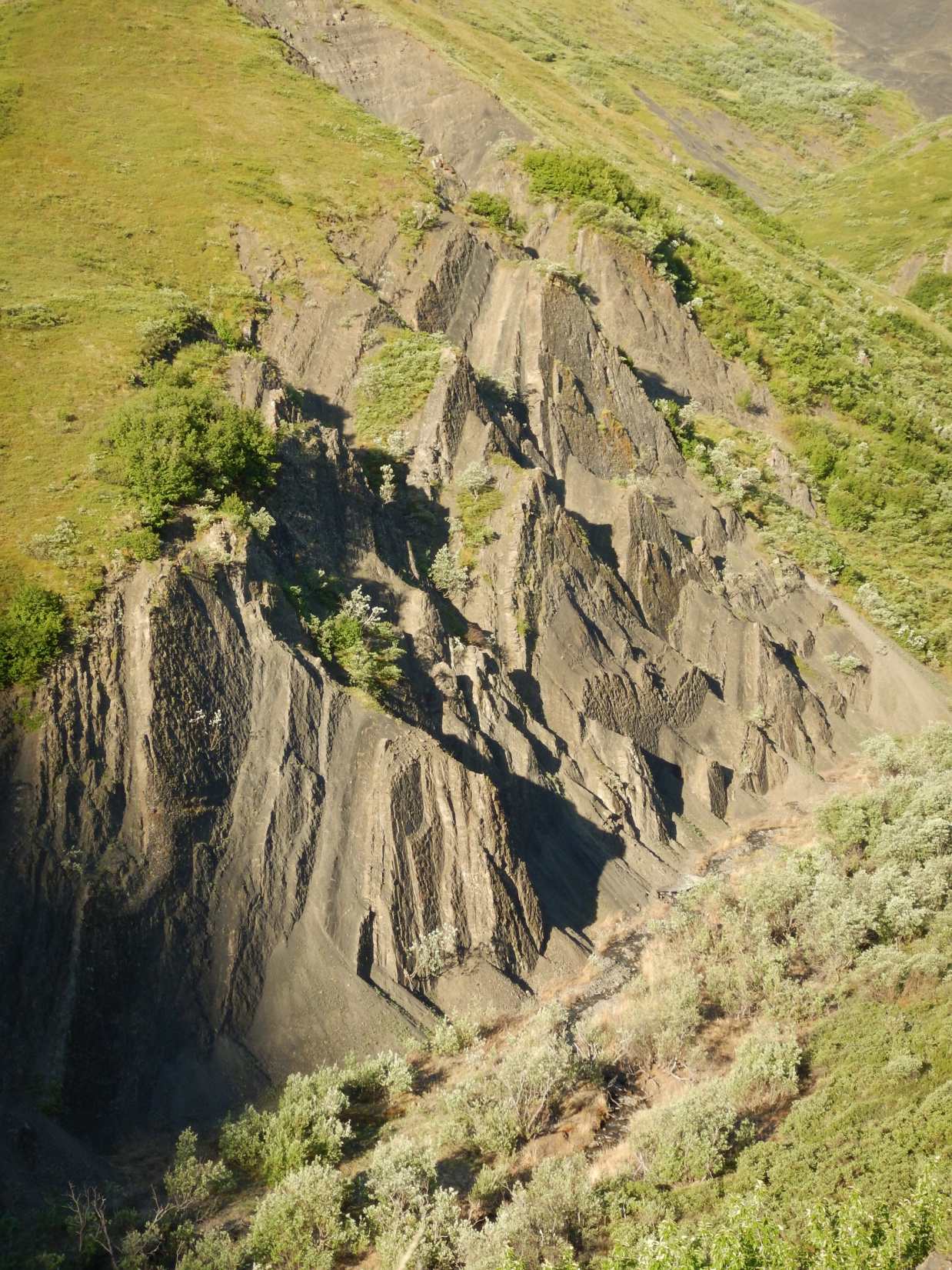 Na místo Kolosea je pohled shora. Kdysi vodorovné skály jsou nyní téměř svislé a odkrývají mnoho stovek stop na plochých železech odolné skály. Důlky na skalních stěnách jsou stopy dinosaurů.
