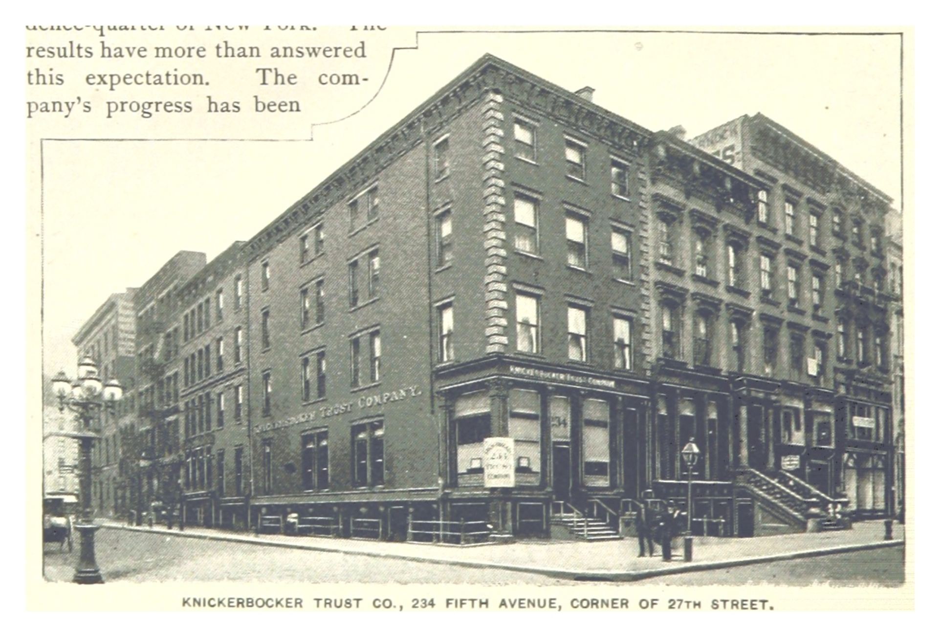 The Knickerbocker Trust Co. ซึ่งตั้งอยู่ที่ Fifth Avenue และ 27th Street ซึ่งเป็นจุดตัดที่ Arnold ได้รับรายงานล่าสุด