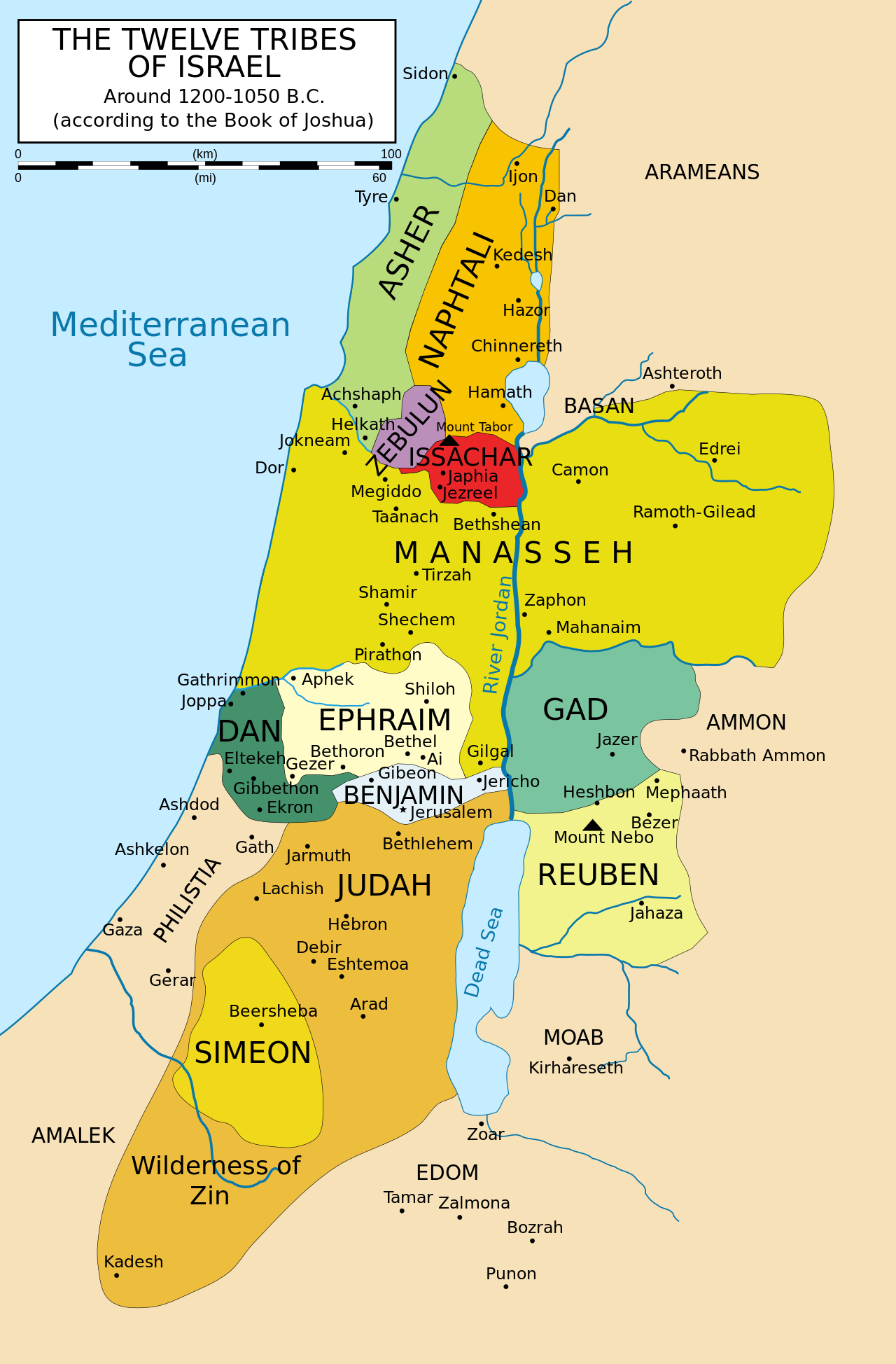 Map of the twelve tribes of Israel according to the Book of Joshua