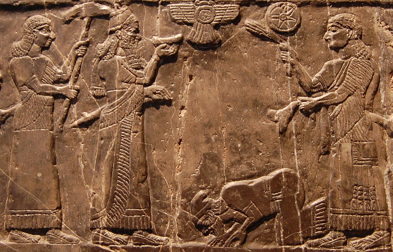 A depiction of either King Jehu, or Jehu's ambassador, kneeling at the feet of Shalmaneser III on the Black Obelisk.