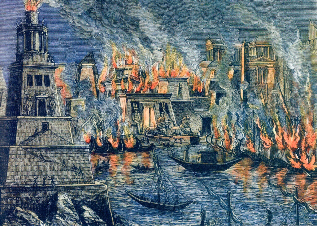 The fire of Alexandria, woodcuts by Hermann Göll, 1876. Image credit: Wikimedia Commons