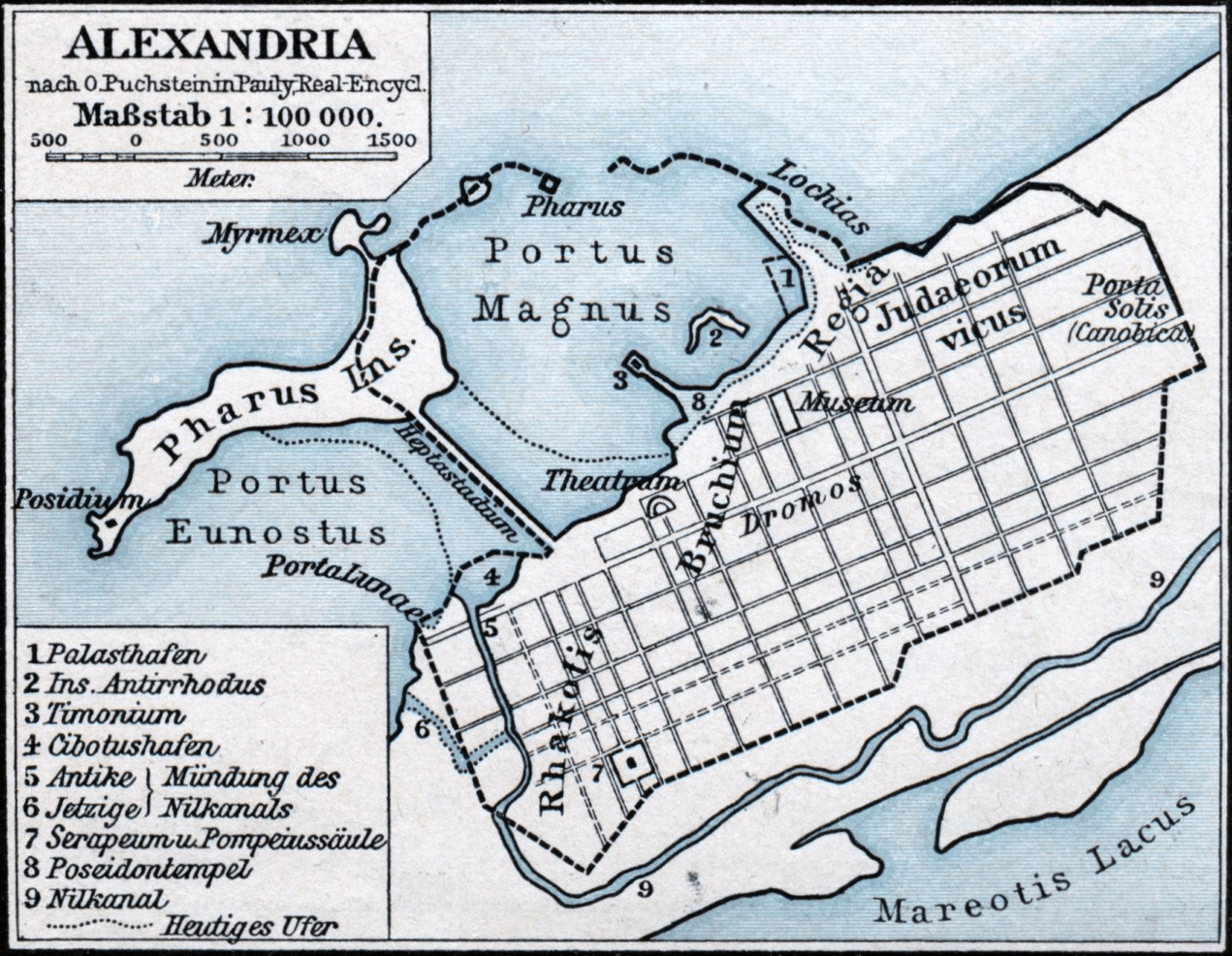 Map of ancient Alexandria. The Mouseion was located in the royal Broucheion quarter (listed on this map as "Bruchium") in the central part of the city near the Great Harbor ("Portus Magnus" on the map)